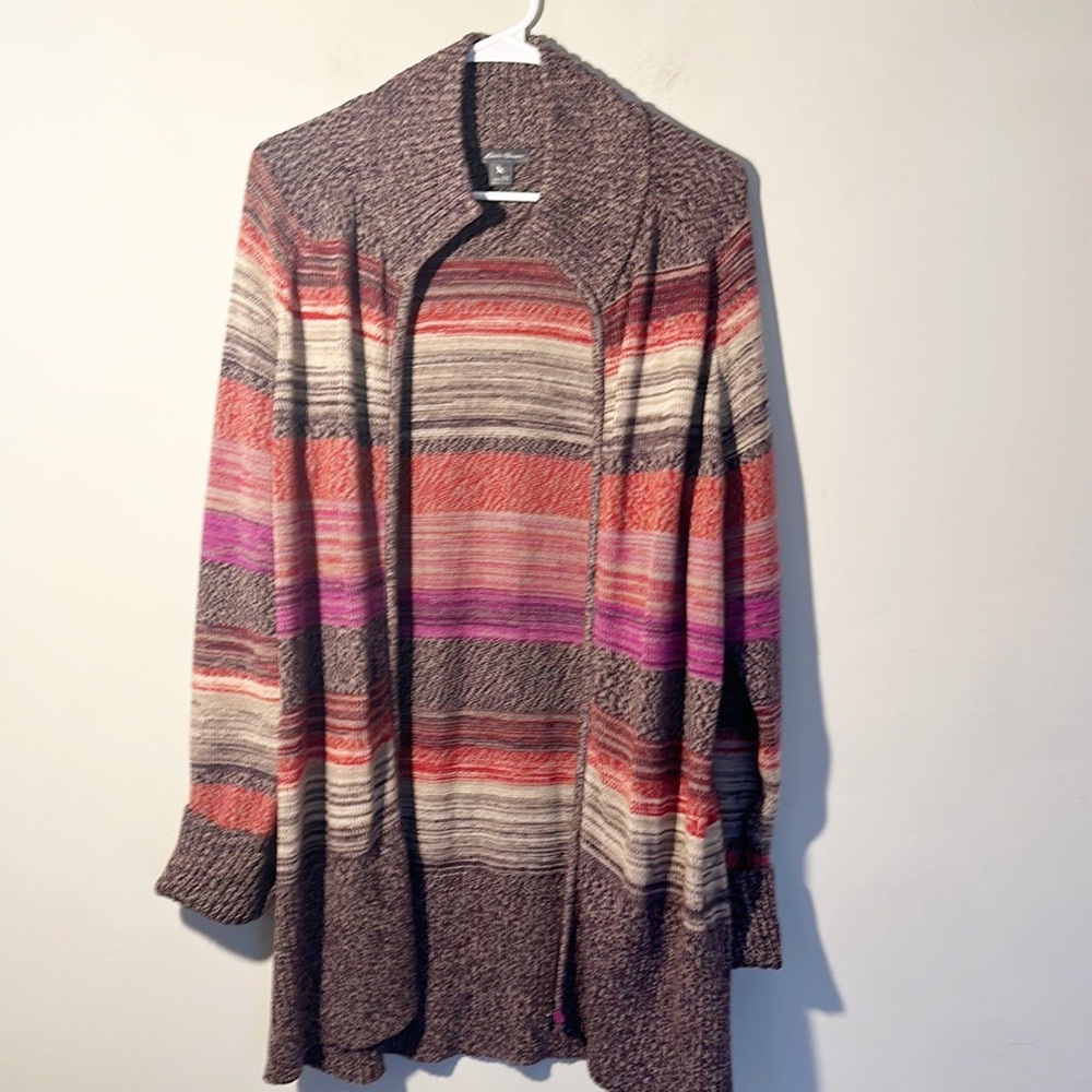 Eddie Bauer Earthy Striped Cotton Full Zip Cardigan Sweater long women sz. 2XL